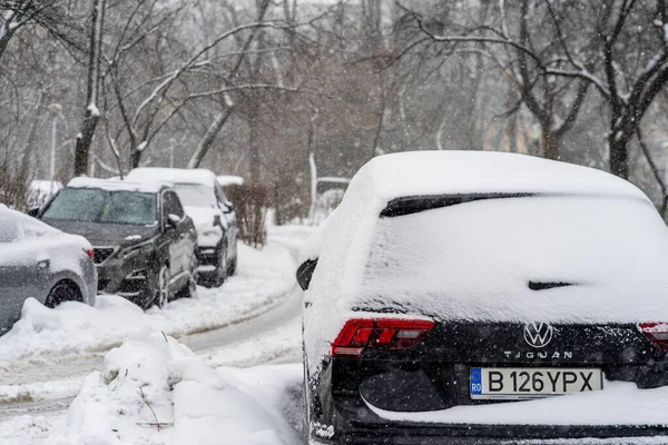 Bükreş 'teki yerleşim yeri Romanya' da şiddetli bir kar fırtınası sonrasında park halindeki araçlar derin karla kaplandı