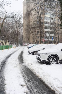Bükreş 'teki yerleşim yeri Romanya' da şiddetli bir kar fırtınası sonrasında park halindeki araçlar derin karla kaplandı
