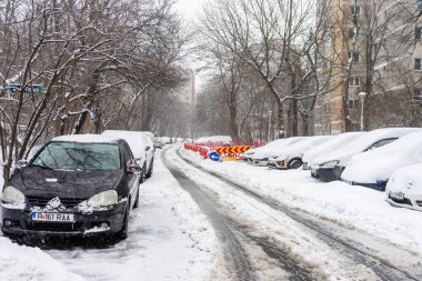 Bükreş 'teki yerleşim yeri Romanya' da şiddetli bir kar fırtınası sonrasında park halindeki araçlar derin karla kaplandı