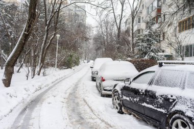 Bükreş 'teki yerleşim yeri Romanya' da şiddetli bir kar fırtınası sonrasında park halindeki araçlar derin karla kaplandı