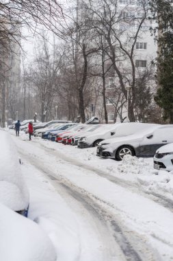 Bükreş 'teki yerleşim yeri Romanya' da şiddetli bir kar fırtınası sonrasında park halindeki araçlar derin karla kaplandı
