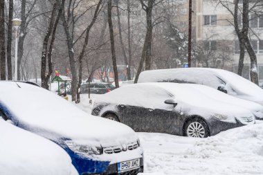 Bükreş 'teki yerleşim yeri Romanya' da şiddetli bir kar fırtınası sonrasında park halindeki araçlar derin karla kaplandı