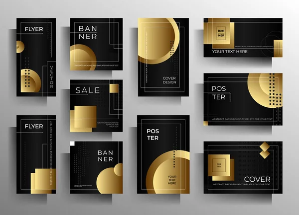 Set Different Cover Templates Banner Poster Flyer Geometric Black Gold — Stock Vector