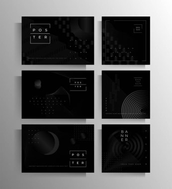 Afiş, poster, broşür, kart, klasör, farklı biçimlerde şablonlar. Siyah renklerde Geometrik katı vektör tasarımı.