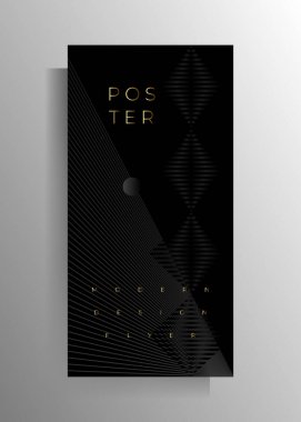 Kapak afişi, el ilanı, poster, broşür ve katalog için tasarım şablonu. Siyah tonlar ve altın harflerle geometrik desenli soyut vektör arkaplanı.