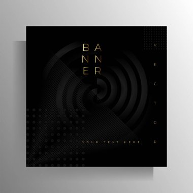Kapak afişi, el ilanı, poster, broşür ve katalog için tasarım şablonu. Siyah tonlar ve altın harflerle geometrik desenli soyut vektör arkaplanı.