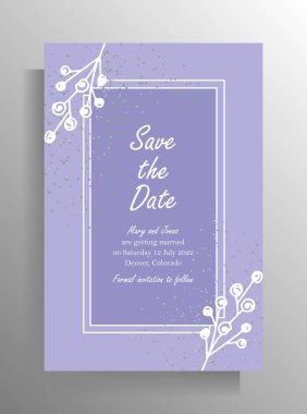 Düğün davetiyesi şablonu tasarımı. El çizimi basit bitki karalama elementleri. Vektör illüstrasyonu.