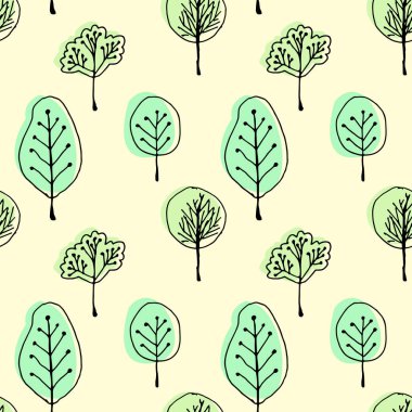 Ağaçların karalama şekli. Tekstil ürünleri, duvar kağıtları, ambalajlar, ambalajlar için kusursuz doku. El çizimi vektör rengi çizimi.
