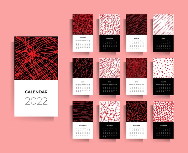 Kalenderentwurf Für 2022 Handgezeichnete Texturen Vektor Schwarz Weiß Illustration — Stockvektor
