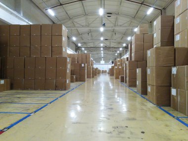 Büyük bir lojistik deposunda üst üste yığılmış büyük bir karton kutu grubu..