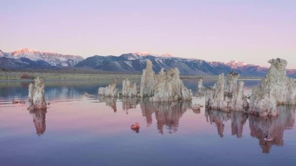 日の出には風光明媚な岩が形成され、静かな湖の表面上を飛ぶドローン — ストック動画