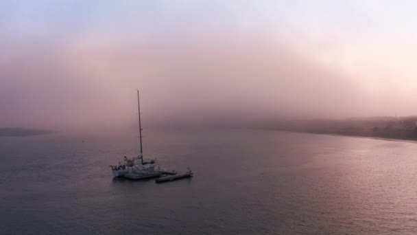 Filmantenne von Segeljacht vor der Küste bei rosa Sonnenuntergang oder Sonnenaufgang vertäut — Stockvideo