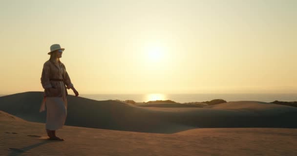 Podróżniczka spacerująca po piaszczystej plaży. Zrelaksowana kobieta patrząca na morze — Wideo stockowe