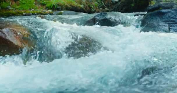 Крупный план воды, протекающей через скалы в реке. — стоковое видео