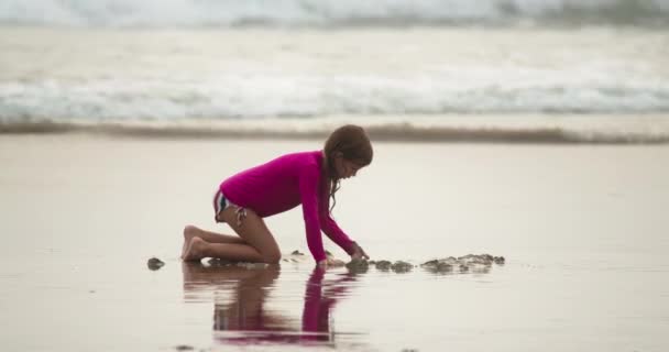 Novembre 2020. Ragazza che indossa costume da bagno viola scavare sabbia bagnata sulla spiaggia — Video Stock