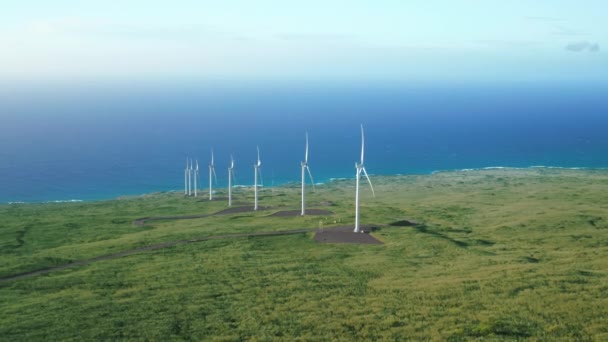 绿色草地上大型风力涡轮机发电场的空中景观 — 图库视频影像