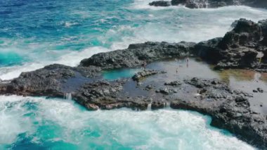 Vahşi doğada gezginler, okyanus manzarasının tadını çıkaran turistler. Vahşi doğada macera