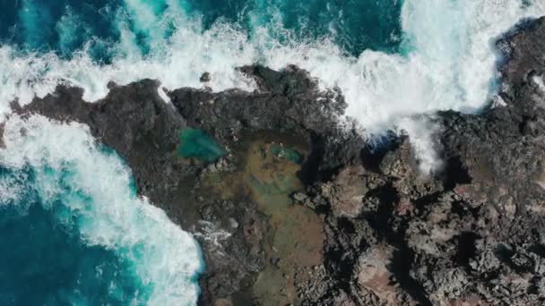 Vista de cima para baixo de pessoas nadando em piscinas marés naturais na costa do Oceano Pacífico 4K — Vídeo de Stock