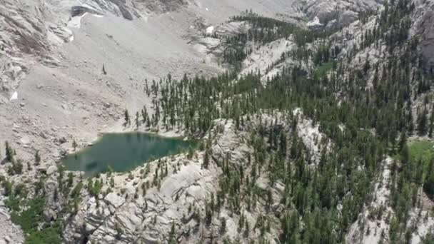 Lago di ghiacciaio verde aereo cinematografico nella pittoresca valle di montagna, pineta — Video Stock