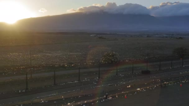 Aerial view of landfill with garbage and many plastic bags flying with wind 4K — Stock Video