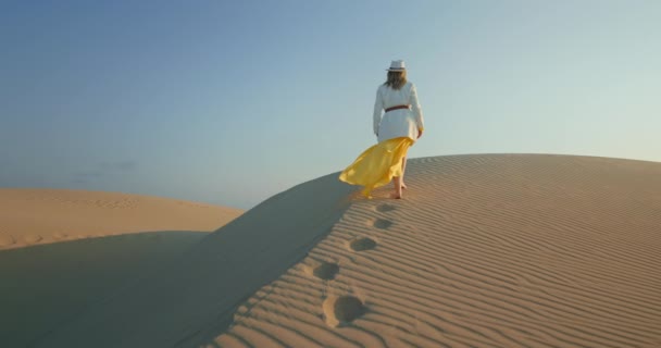 Młoda kobieta robi odciski na piasku na pustyni — Wideo stockowe