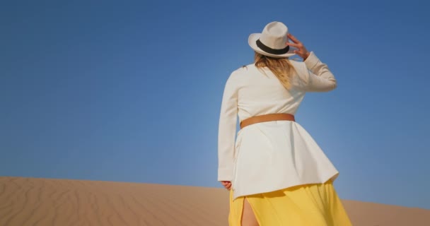 Femme élégante debout dans un paysage désertique. Joyeuse dame tournant à la caméra — Video