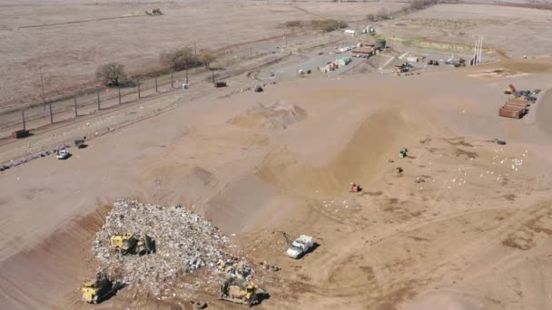 Manada de aves blancas volando por encima del vertedero de basura. Camiones nivelación de residuos de personas — Vídeo de stock