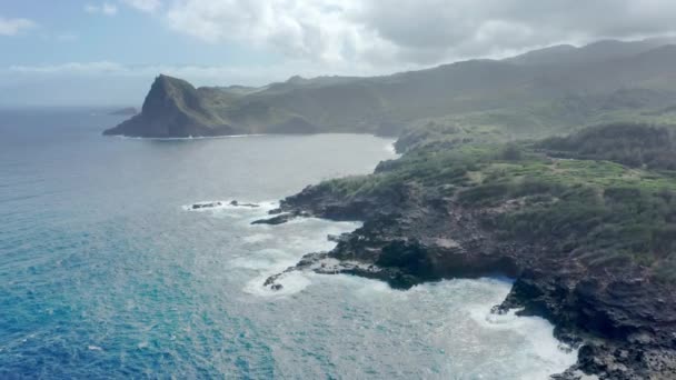 Scenic shore volcanic sea cliffs rocks 4K. Beautiful rocky bluffs on summer day — Stock Video