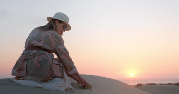 Modelo elegante desfrutando de viagens ao ar livre e natureza deserto. Mulher em viagem de safári. — Vídeo de Stock
