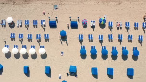 People enjoying summer vacation on Miami beach. Tourists tanning on blue sunbeds — Stock Video
