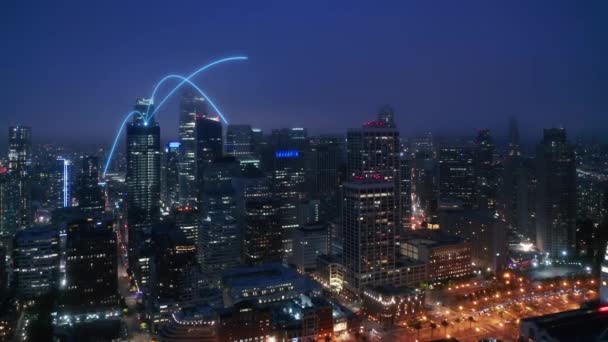 Ночной горизонт Сан-Франциско с цифровыми линиями связи — стоковое видео