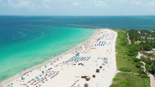 Miami playa aérea, vibrante playa de arena tropical en el día soleado, vacaciones de verano — Vídeos de Stock