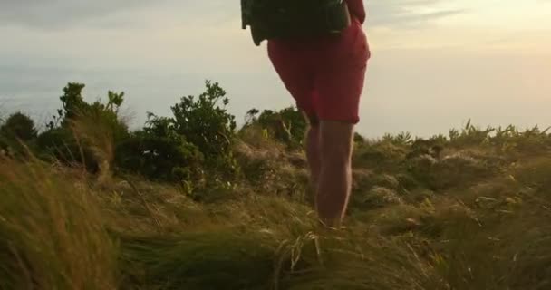 Άντρας εξερευνητής περπατά με σακίδιο σε απομακρυσμένη περιοχή — Αρχείο Βίντεο