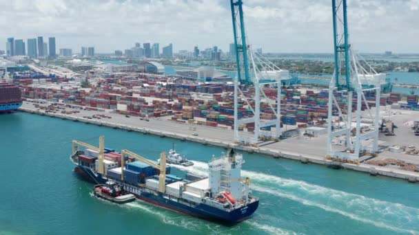 Importação e exportação, navio de carga com Miami centro e porto em fundo movimento. — Vídeo de Stock