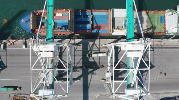Pengiriman kargo global. 4K aerial view industrial crane containers ship — Stok Video