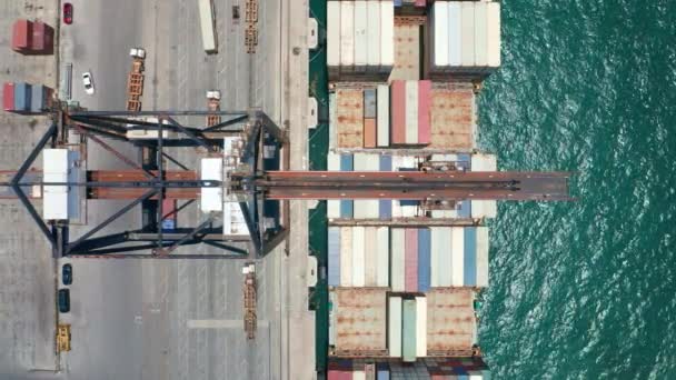 Vertical mobile video 9:16. Aerial overhead view on unloading of cargo ship — Wideo stockowe