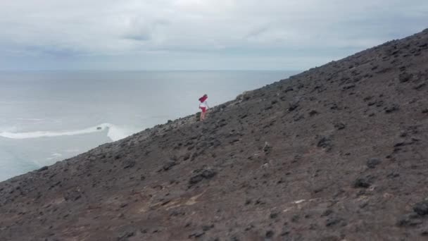 Man trekking volcanic island of Faial Island, Azores, Portugal, Europe — Stock Video