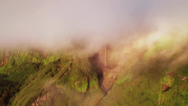 Lindos riachos entre exuberantes montanhas verdes em um dia nebuloso — Vídeo de Stock