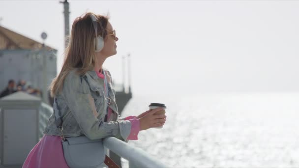 Mujer joven y feliz soñando con hermosa vista al mar. Soñando personas 8K material de archivo — Vídeo de stock