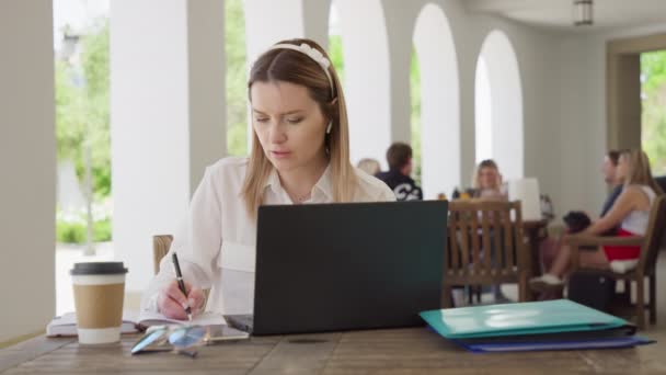 Успішна молода бізнес-леді з ноутбуком і кавою, що сидить на відкритому повітрі, RED 8K — стокове відео
