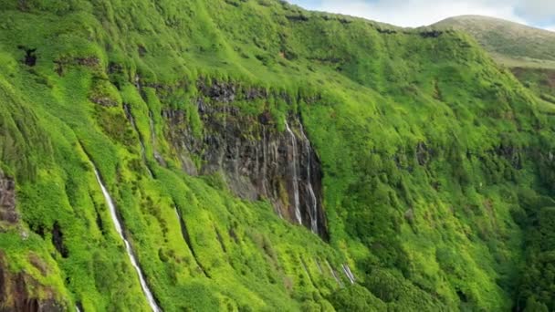Kliffen met watervallen van Poco Ribeira do Ferreiro, Flores Island, Azoren — Stockvideo