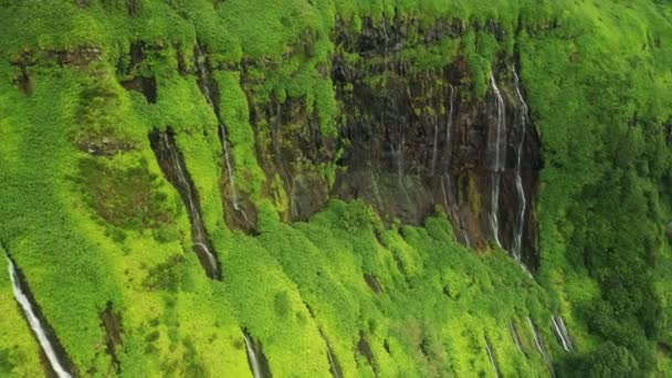 Bergen met watervallen van Poco Ribeira do Ferreiro, Alagoinha, Flores Island — Stockvideo