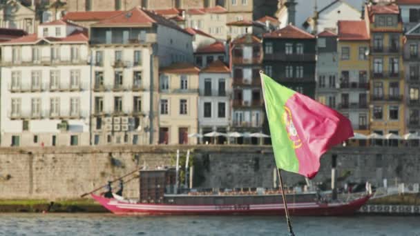 Porto, Portugal. Uma pequena cidade ribeirinha com edifícios em azulejos como visto de um banco — Vídeo de Stock