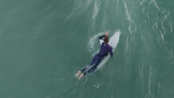 Sportlicher Mann auf dem Surfbrett, beobachtet das Meer während eines Ausflugs an der kalifornischen Küste — Stockvideo