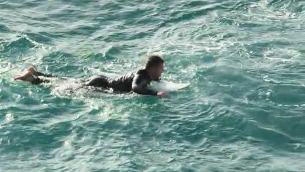 Vue aérienne du surfeur masculin nageant par les vagues bleues de l'océan le jour de l'été — Video