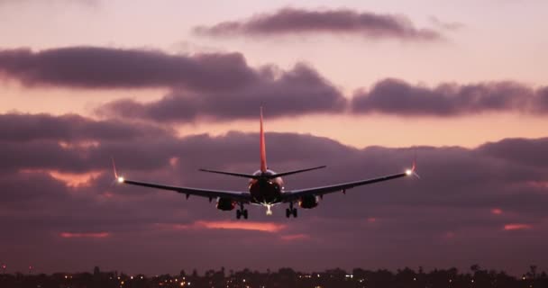 ピンクの夕日の空港映像。ピンクの夕焼け空を背景にした飛行機着陸 — ストック動画