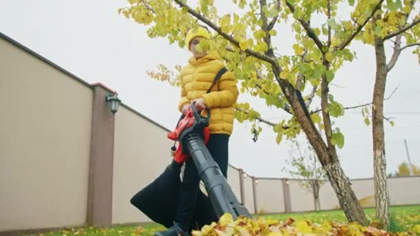 黄色のビーニーとジャケットでかわいい男の子秋の日に裏庭で両親を助ける — ストック動画