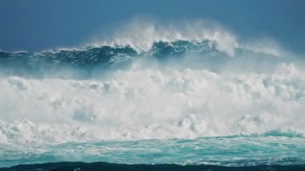 Slow motion barreling wave with texture and wind spray, raw natural wonders 4K — Stock Video