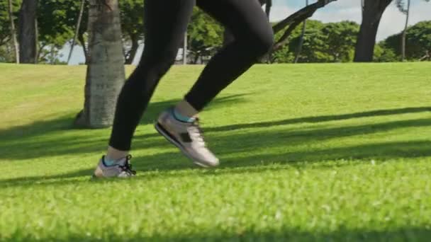 Zbliżenie sportowiec kobieta nogi w czarny sport spodnie działa przez zielony trawnik w lato — Wideo stockowe