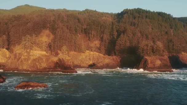 Naturalny pejzaż morski, kinowy lot dronem. Góry lotnicze sosnowy las o zachodzie słońca — Wideo stockowe